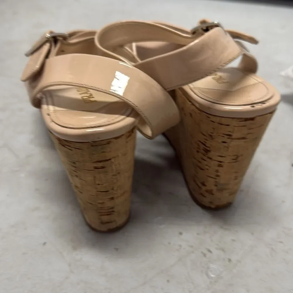 Elegant Beige Wedge Sandals PRADA Authetic Wedge Platform Patent Tan Sandals